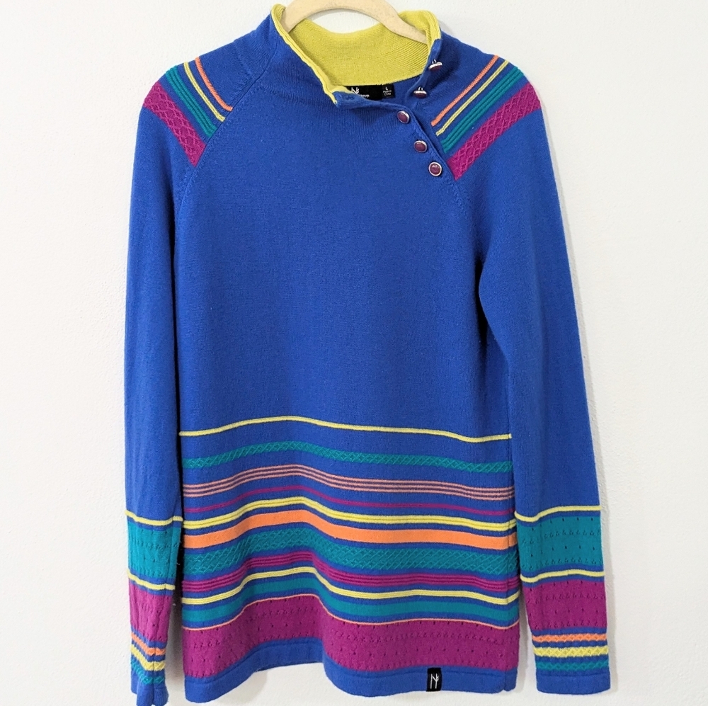Neve Button High Neck Colorful Striped Sweater Merino Wool Blue Large L